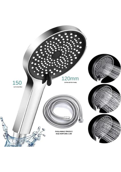 Geniş Kafalı Siyah Büyük Kaliteli Tazyikli Sağlam 5 Fonksiyonlu Siyah Duş Başlığı ve Duş Hortumu Set