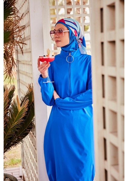 Paraşüt Kumaş Saks Tam Kapalı Tesettür Mayo M2404