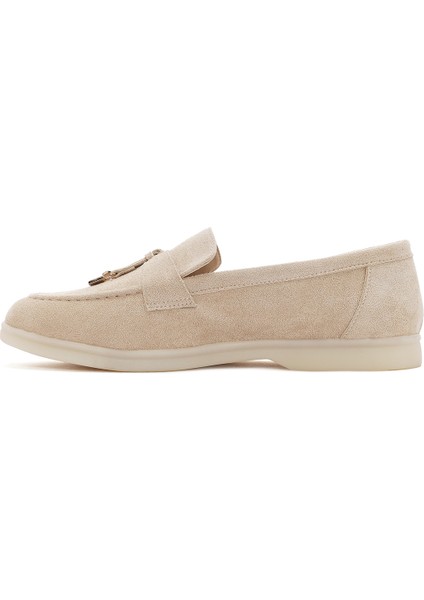 Kadın Bej Püsküllü Süet Deri Maskülen Loafer
