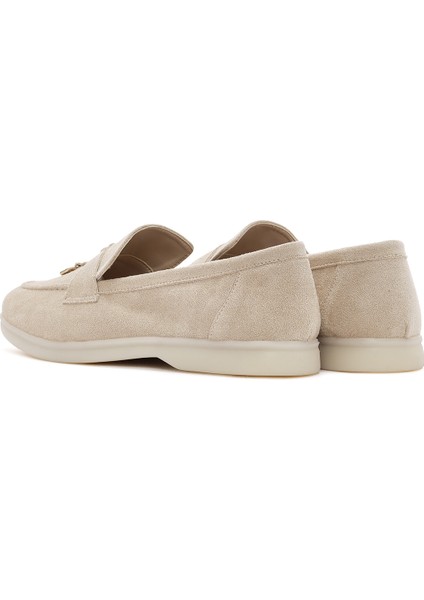 Kadın Bej Püsküllü Süet Deri Maskülen Loafer