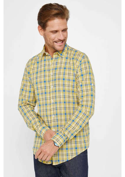 Erkek Slim Fit Uzun Kollu Dar Kesim Kareli Keten Doku Yazlık Gömlek