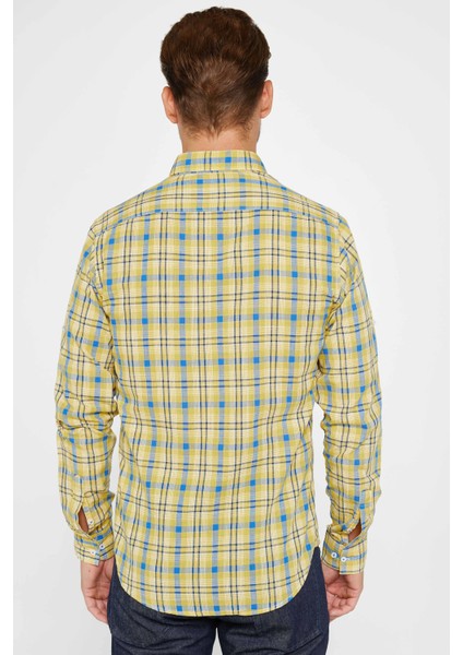 Erkek Slim Fit Uzun Kollu Dar Kesim Kareli Keten Doku Yazlık Gömlek indirimleri