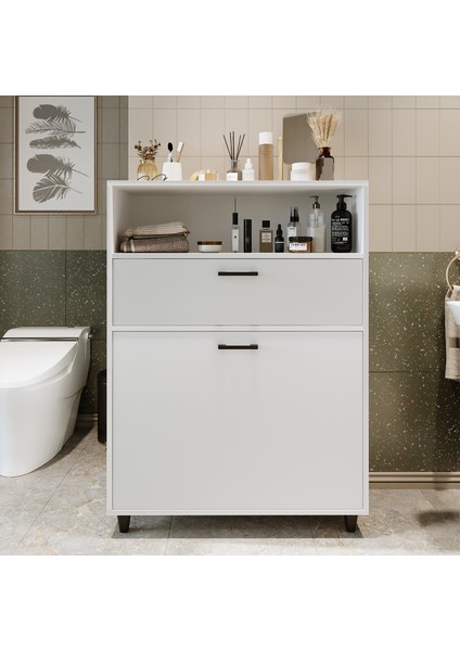 Çamaşır Sepetli Banyo Dolabı, Çok Amaçlı Çekmeceli Dolap 90 cm