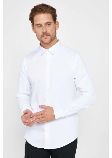 Slim Fit Uzun Kollu Likralı Düz Stretch Beyaz Erkek Gömlek