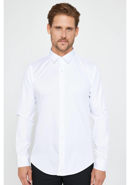 Slim Fit Uzun Kollu Likralı Düz Stretch Beyaz Erkek Gömlek fiyatları