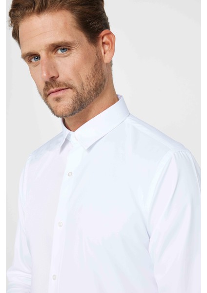 Slim Fit Uzun Kollu Likralı Düz Stretch Beyaz Erkek Gömlek modelleri