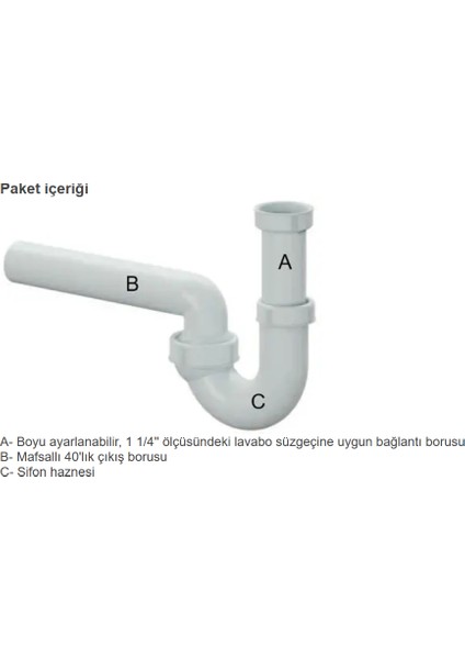 Koku Önleyici Lavabo Sifonu 100/0, 1 1/2'', DN50, Süzgeçsiz, Koku Yapmaz, Kolay Uygulanır, Her Yöne Dönebilen Mafsallı 50'lik Çıkış Borulu