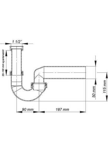 Koku Önleyici Lavabo Sifonu 100/0, 1 1/2'', DN50, Süzgeçsiz, Koku Yapmaz, Kolay Uygulanır, Her Yöne Dönebilen Mafsallı 50'lik Çıkış Borulu