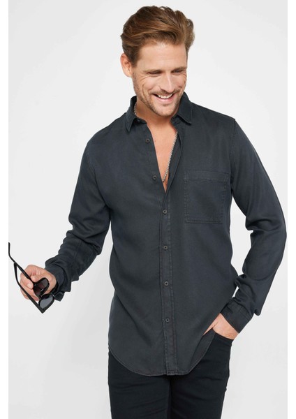 Slim Fit Uzun Kollu Dar Kesim Spor Yaka Düz Siyah Denim Erkek Gömlek