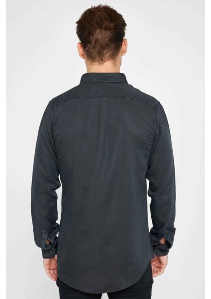 Slim Fit Uzun Kollu Dar Kesim Spor Yaka Düz Siyah Denim Erkek Gömlek indirimleri