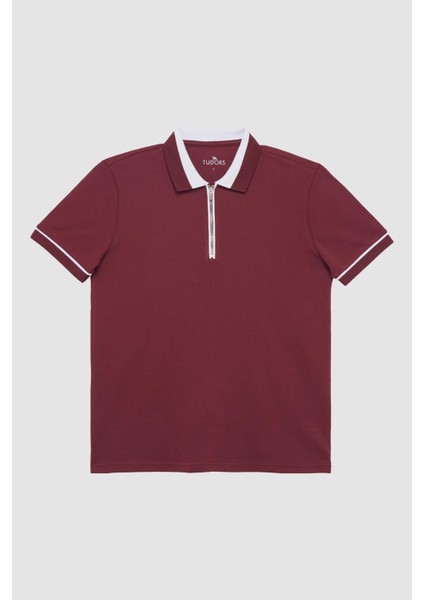 Erkek Slim Fit Dar Kesim Pamuk Düz Pike Fermuarlı Bordo Polo Yaka Tişört