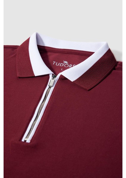 Erkek Slim Fit Dar Kesim Pamuk Düz Pike Fermuarlı Bordo Polo Yaka Tişört