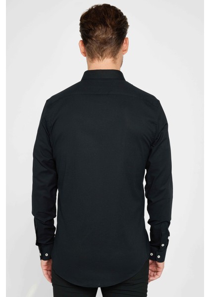 Erkek Slim Fit Dar Kesim Pamuklu Uzun Kollu Siyah Düğmeli Yaka Gömlek indirimleri
