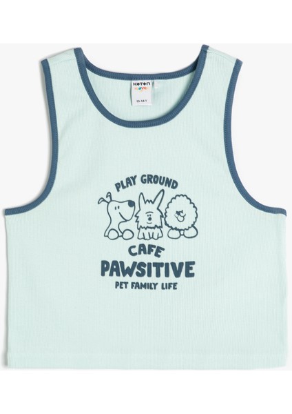 Crop Atlet Bisiklet Yaka Köpek Baskılı Ribanalı Pamuklu