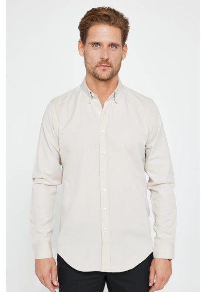 Slim Fit Uzun Kollu Dar Kesim Düğmeli Yaka Pamuklu Düz Oxford Taş Renk Erkek Gömlek fiyatları