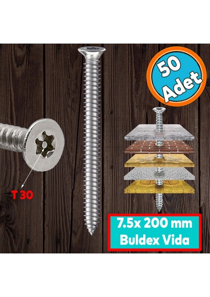 Buldex Vida 7.5X200 mm 50 Adet Sivri Uçlu Dübelsiz Beton Vidası Tork Duvar Vidası Buldeks