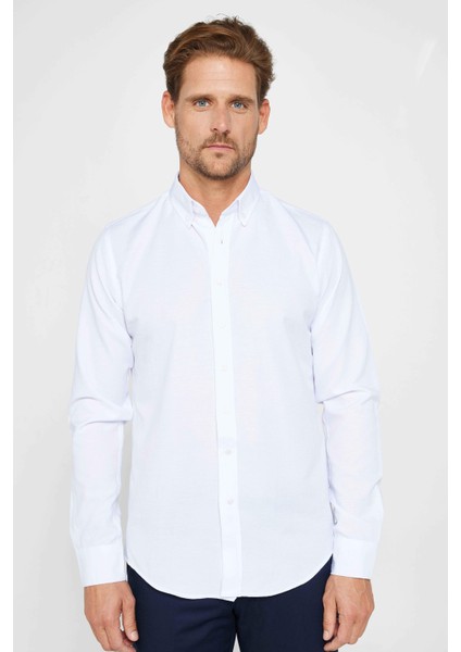Slim Fit Uzun Kollu Dar Kesim Düğmeli Yaka Pamuklu Düz Oxford Beyaz Erkek Gömlek