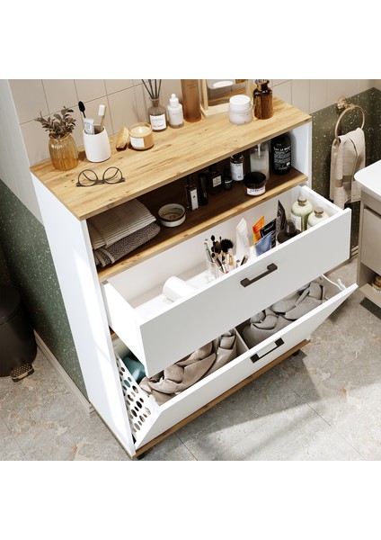 Çamaşır Sepetli Banyo Dolabı, Çok Amaçlı Çekmeceli Dolap 90 cm fiyatları