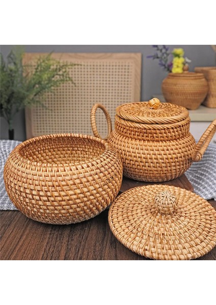 Kapaklı Rattan Yuvarlak Sepet, Kapaklı Rattan Saklama Sepeti, Masa Rafı Için Ekmek Yemek Sepeti Meyve Aperatifleri Sepeti (Yurt Dışından)