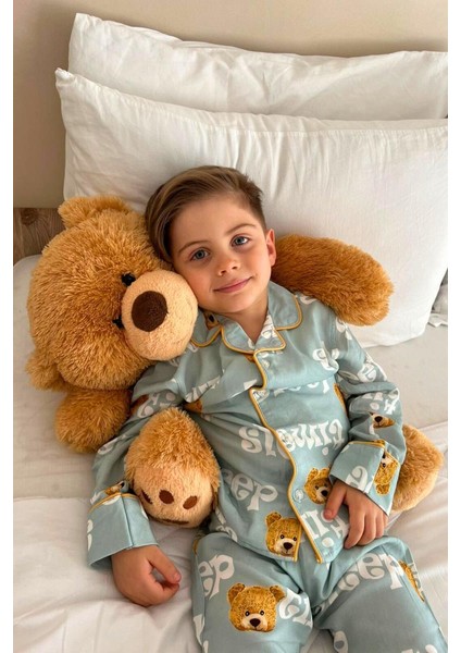 Çocuk Unisex Önü Düğmeli Mavi Ayıcık Sleep Desenli 2'li Alt Üst pijama takımı fiyatları