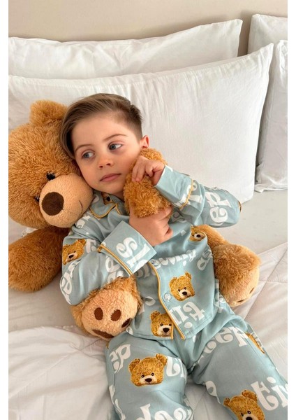Çocuk Unisex Önü Düğmeli Mavi Ayıcık Sleep Desenli 2'li Alt Üst pijama takımı modelleri