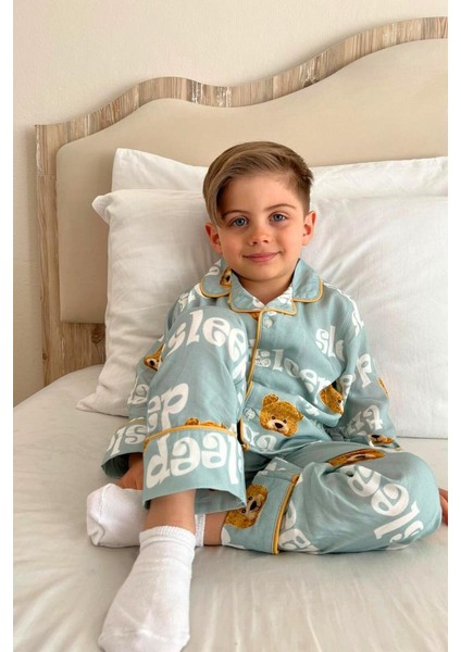 Çocuk Unisex Önü Düğmeli Mavi Ayıcık Sleep Desenli 2'li Alt Üst pijama takımı fırsatları