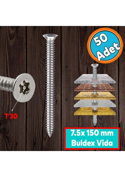 Buldex Vida 7.5X150 mm 50 Adet Sivri Uçlu Dübelsiz Beton Vidası Tork Duvar Vidası Buldeks