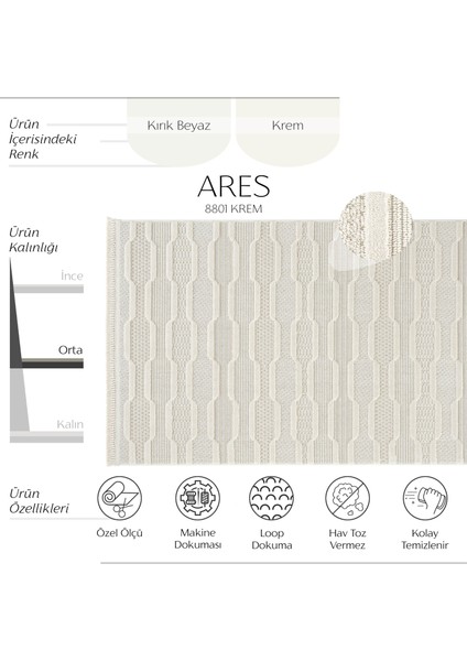 Ares 8801 Iskandinav Halı Salon Halısı Krem Halı Koridor Halısı Kesme Halı Yolluk Oturma Odası Halı