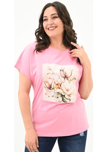 Kadın Büyük Beden Çiçek Baskı Detaylı T-Shirt 1780-25