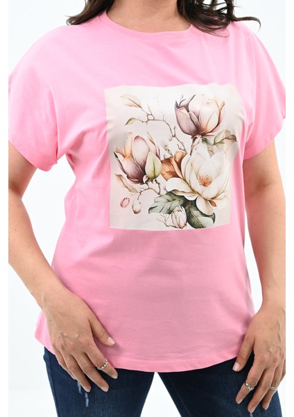Kadın Büyük Beden Çiçek Baskı Detaylı T-Shirt 1780-25