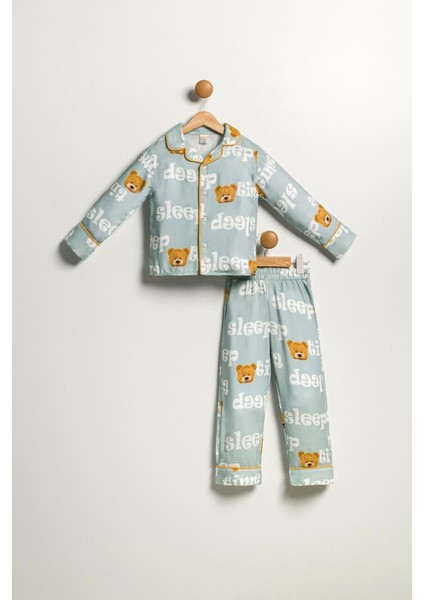 Çocuk Unisex Önü Düğmeli Mavi Ayıcık Sleep Desenli 2'li Alt Üst pijama takımı