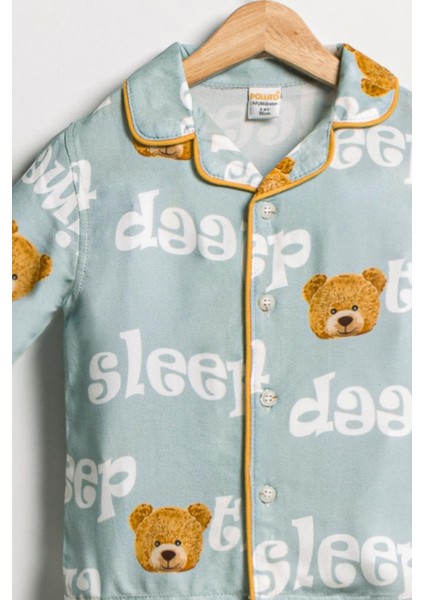Çocuk Unisex Önü Düğmeli Mavi Ayıcık Sleep Desenli 2'li Alt Üst pijama takımı indirimleri
