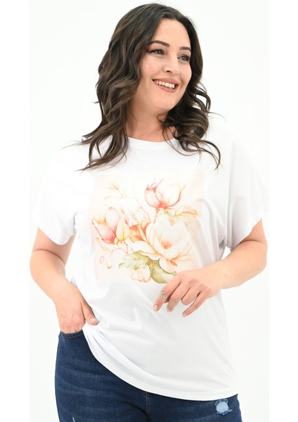 Kadın Büyük Beden Çiçek Baskı Detaylı T-Shirt 1780-25