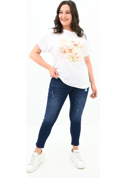 Kadın Büyük Beden Çiçek Baskı Detaylı T-Shirt 1780-25