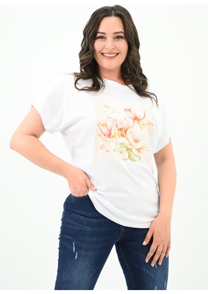 Kadın Büyük Beden Çiçek Baskı Detaylı T-Shirt 1780-25