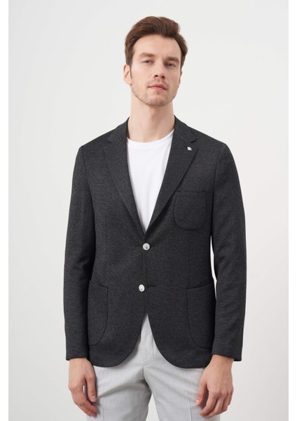 Erkek Siyah Örme Slim Fit Torba Cep Mono Yaka Spor Ceket