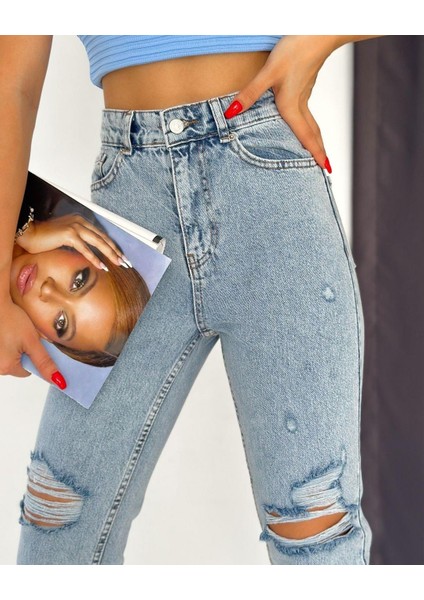 Kadın Paça Püsküllü Dizi Yırtık Mom Kot Pantolon Buz Mavi modelleri