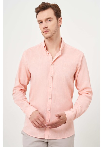 Erkek Turuncu Keten Düz Desen Düğmeli Yaka Slim Fit Gömlek
