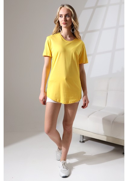 Eteği Oval Salaş Pamuklu Penye Kompakt T-Shirt 21733 Sarı