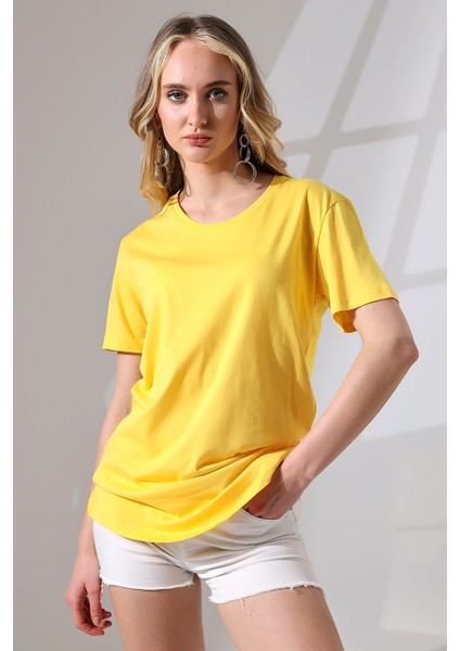 Eteği Oval Salaş Pamuklu Penye Kompakt T-Shirt 21733 Sarı