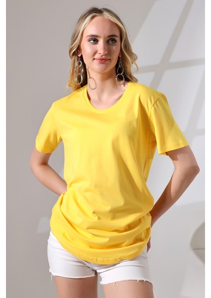 Eteği Oval Salaş Pamuklu Penye Kompakt T-Shirt 21733 Sarı