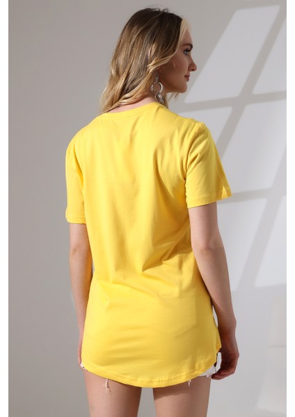 Eteği Oval Salaş Pamuklu Penye Kompakt T-Shirt 21733 Sarı