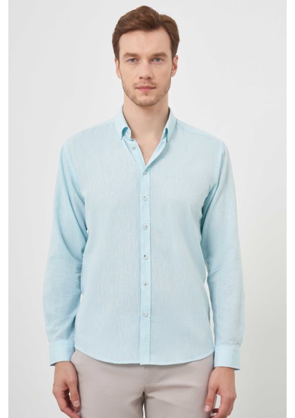 Erkek Su Yeşili Keten Düz Desen Düğmeli Yaka Slim Fit Gömlek