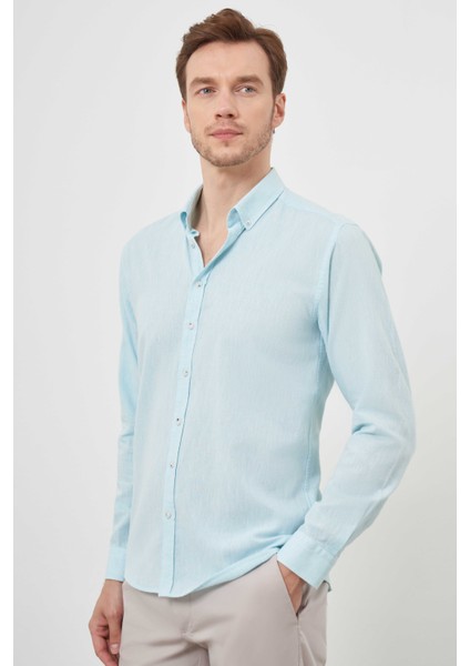 Erkek Su Yeşili Keten Düz Desen Düğmeli Yaka Slim Fit Gömlek modelleri