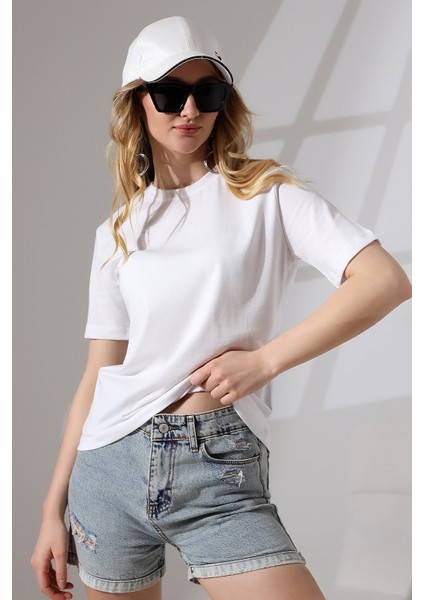 Pamuklu Penye Kompakt Ağır Kumaş Kısa Kol Comfort Fit T-Shirt 21666 Beyaz fiyatları