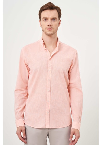 Erkek Turuncu Keten Düz Desen Düğmeli Yaka Slim Fit Gömlek