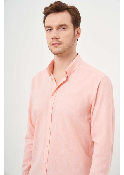 Erkek Turuncu Keten Düz Desen Düğmeli Yaka Slim Fit Gömlek modelleri