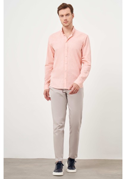 Erkek Turuncu Keten Düz Desen Düğmeli Yaka Slim Fit Gömlek fırsatları