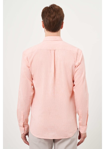 Erkek Turuncu Keten Düz Desen Düğmeli Yaka Slim Fit Gömlek indirimleri