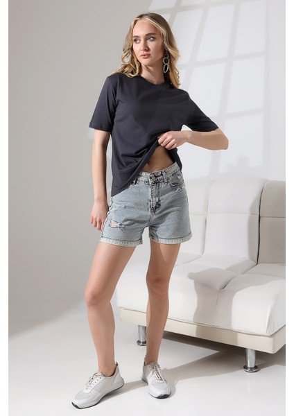 Pamuklu Penye Kompakt Ağır Kumaş Kısa Kol Comfort Fit T-Shirt 21666 Füme